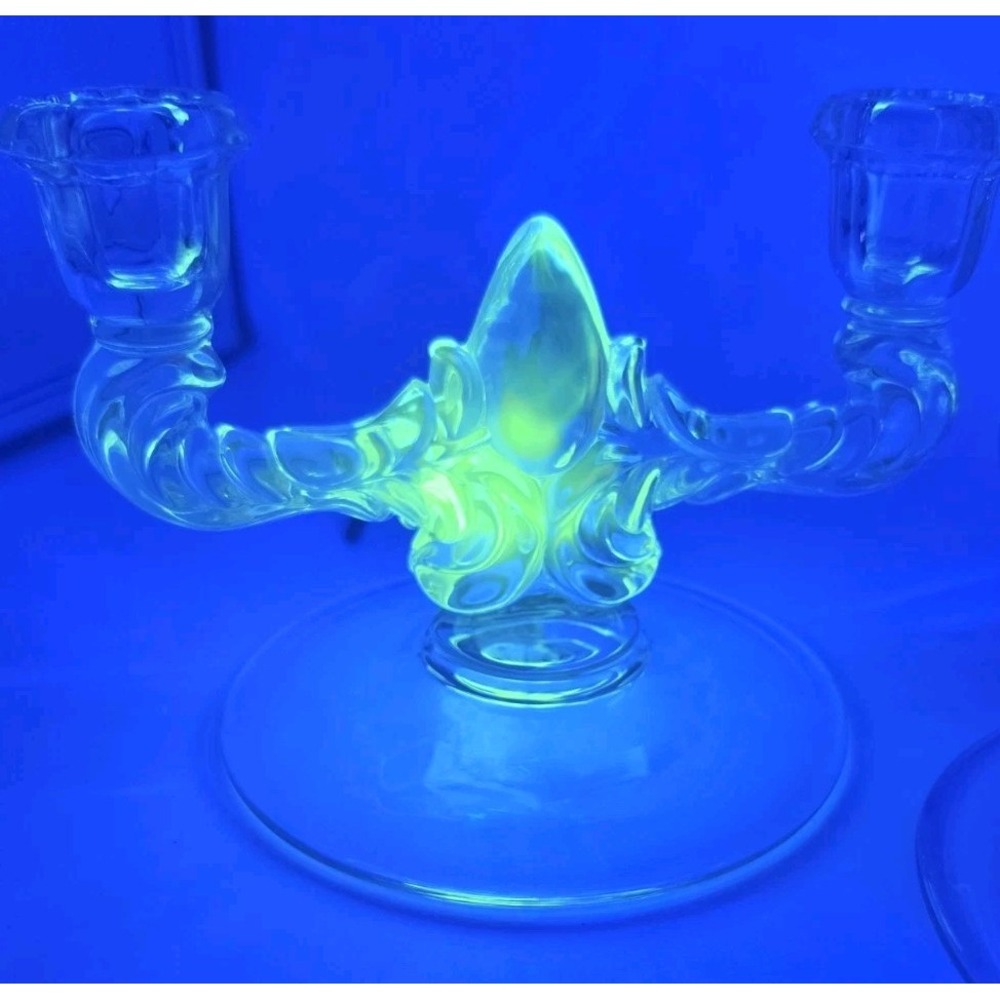 Vintage (2) Glass Double Candlestick Holder Vaseline Glass/Uranium Glass